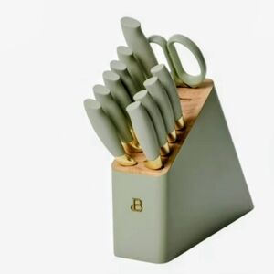 Beautiful 12pc Sage Green Stainless Steel Knife Block Set Soft-Grip Handles by D